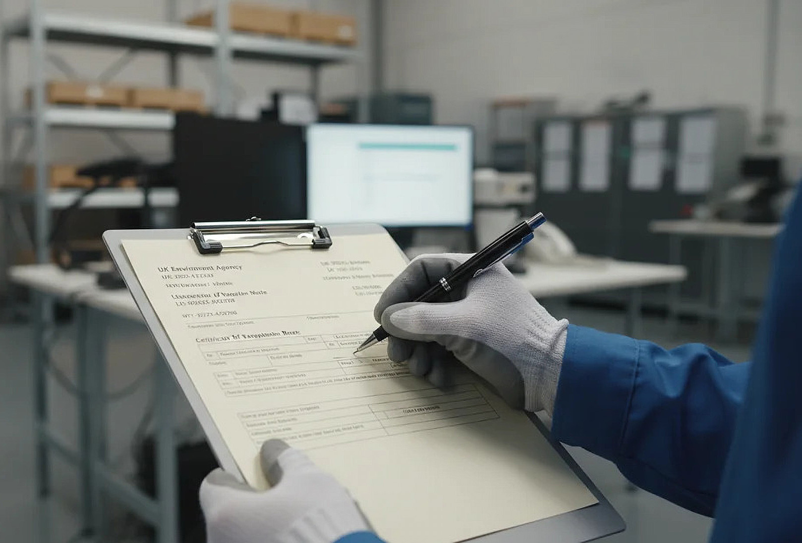 Worker completing a waste transfer note in a recycling facility